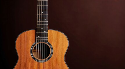 Classic Wooden Acoustic Guitar on Dark Brown Solid Background