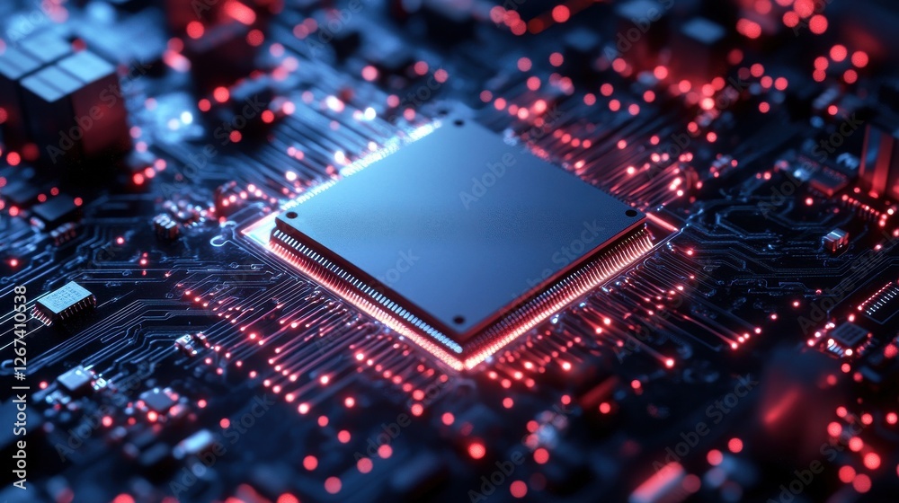Poster digital circuit microchip on abstract background. computing and technology concept. 3d rendering