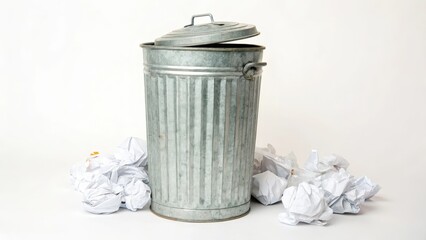 Metal Trash Can with Crumpled Paper