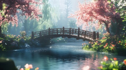 Fototapeta premium Tranquil Spring Landscape with Cherry Blossoms and Wooden Bridge