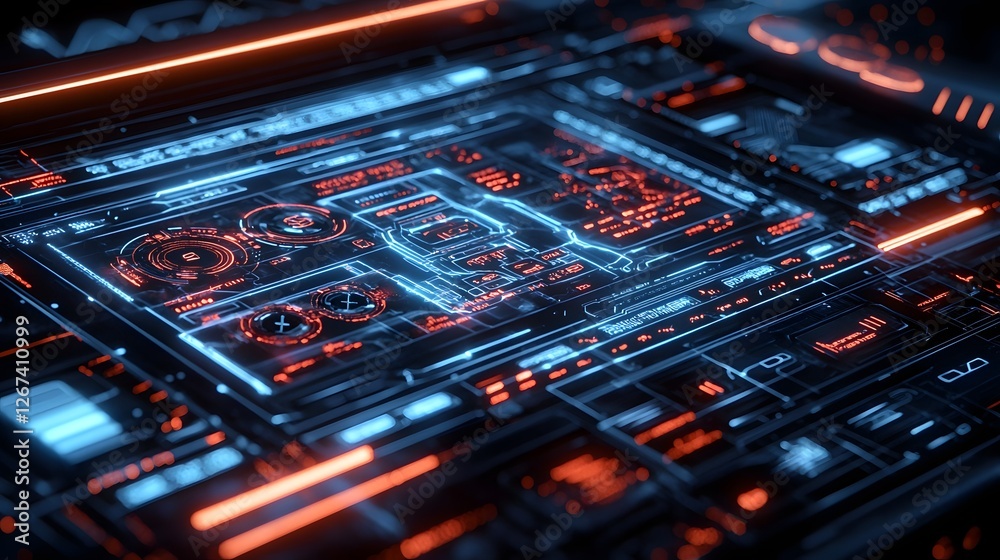 Poster closeup view of a high tech holographic interface control panel used in the design of a automotive d