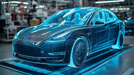 Customizable electric vehicle hologram being designed and personalized by a skilled automotive designer showcasing the innovation and technology in the future of sustainable transportation