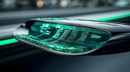Detailed view of a futuristic holographic interface with digital controls and displays used in the design of an advanced high tech automobile