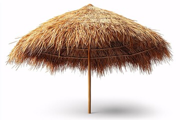 A vibrant straw beach umbrella designed for outdoor relaxation. Perfect for summer scenes, vacations, and tropical landscapes, providing essential shade and comfort.