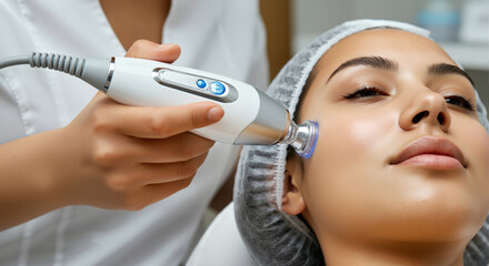 Cosmetologist performing professional skin care procedure using microcurrent therapy device. The concept is beauty, skincare, technology, and professional treatment. 