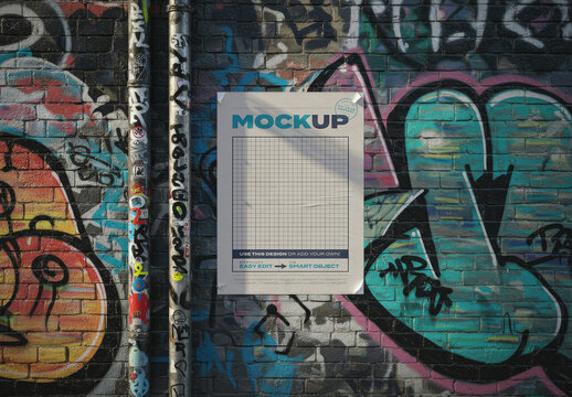 Poster Page Mockup Glue to Graffity Street Art with Pipes