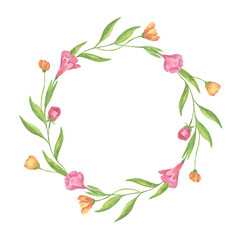 Floral watercolor wreath. Yellow and pink wildflowers with greenery. Insulated round wreath with a place for text, for wedding invitations, holiday cards and greetings.