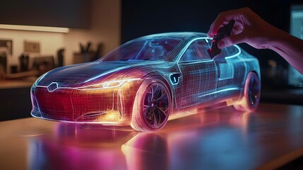 Refined Electric Car Model Projected on Holographic Display   Innovative Automotive Technology Concept with Futuristic 3D Visualization and Digital Customization
