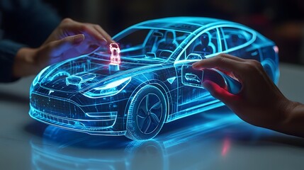 Hands interacting with a futuristic holographic 3D model of an electric car projected on a floating digital display