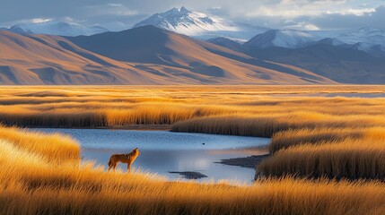 Lone wolf standing in golden grasslands by a calm lake with majestic snow-capped mountains in the background during sunset.