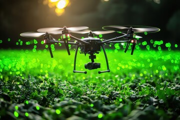 An advanced camera drone hovering over a vibrant green field, potentially conducting agricultural surveys or environmental monitoring at sunset, symbolizing innovation.