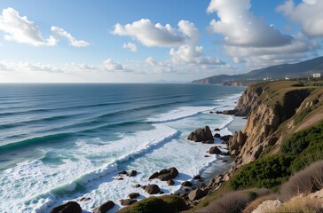 Naklejka premium Stunning Coastal Cliffs Ocean Waves Crashing on Rocky Shore Dramatic Seascape