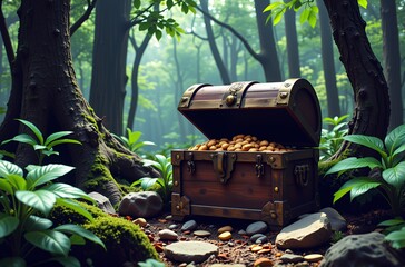 Ancient Wooden Treasure Chest Filled with Gold Nuggets in a Lush Forest