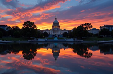 Obraz premium Majestic Sunrise over US Capitol Building with Stunning Reflection in Calm Waters
