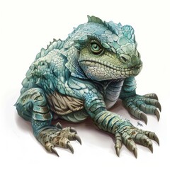 Obraz premium Scaly Blue and Green Reptilian Creature with Sharp Claws on a White Background Digital Illustration