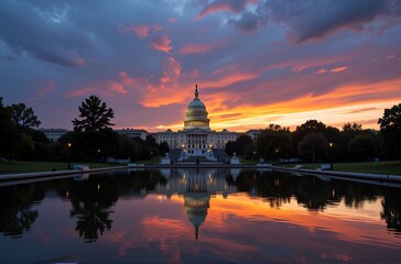 Obraz premium Stunning Sunset over the US Capitol Building Washington DC Reflecting in Calm Water