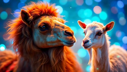 Camel and Goat Portrait Bokeh Background Night Photography