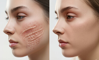 Before and after skin resurfacing treatment showing reduced scarring and smoothness. The concept is of cosmetic treatment, skincare, beauty, and confidence. 
