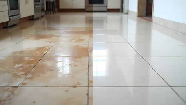 On the left is a dirty and stained area, dusty and grimey. On the right is the same floor after cleaning.