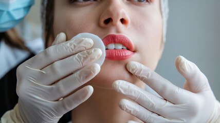 Naklejka premium Lip Enhancement Procedure: Close-up of Cosmetic Treatment. The concept is beauty, cosmetic, enhancement, and procedure. For lip augmentation, cosmetic surgery, or beauty treatments content. 