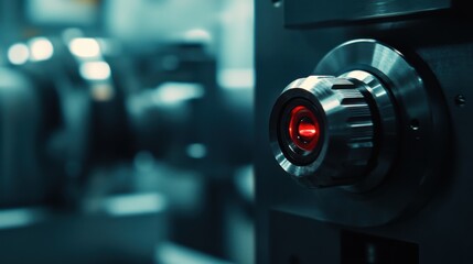 Fototapeta premium Horizontal close up shot of an emergency stop button on a lathe cutting machine with copy space.
