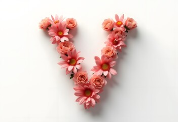 Obraz premium Alphabet. Letter V, monogram with floral design. Watercolor hand painted pink flowers, green, leaves. Isolated on white background 