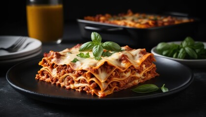 Fototapeta premium Delicious Homemade Lasagna with Meat Sauce, Cheese, and Fresh Basil Garnish on Black Plate and Dark Background