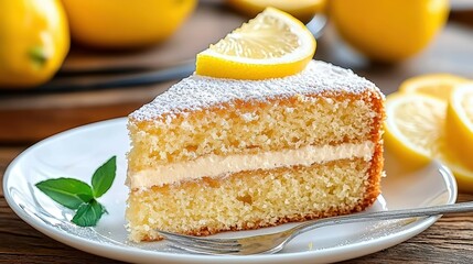 Elegant Slice of Lemon Honey Cake on a Plate with Lemons and Garnish in a Cozy Kitchen Setting