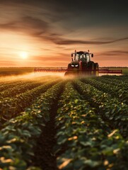 Obraz premium Tractor spraying pesticides and fertilizer on soybean crops farm field in spring evening, smart farming technology and sustainable advanced agriculture practices