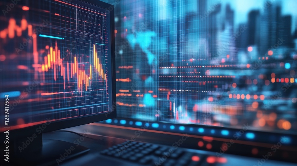 Poster close up of workspace with computer monitor and abstract glowing business chart on blurry grid backg