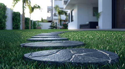 Obraz premium Winding stone path in a modern garden backyard
