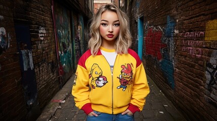 Obraz premium Urban Chic: A Stylish Girl in a Graffiti Alley
