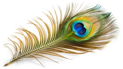 Obraz premium Single Peacock Feather on White Background