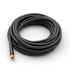 Coiled Black Electrical Cable with Exposed Copper Wires on White Background