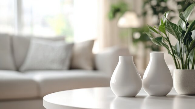 Close-up photo of white vessels standing on white end table in bright living room interior with sofa and plants in blurred background