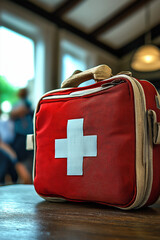 Red First Aid Kit Symbolizes Readiness For Medical Emergencies At Home Or Outdoors. First Aid Kits Enhance Safety At Home Or Outdoors.