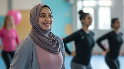 In a lively community center, a smiling young Muslim woman in a stylish hijab engages in a group fitness class. Her enthusiasm brings energy to the room as others follow her lead