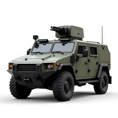 Fototapeta premium Olive Armored Military Vehicle with Turret on a White Background in Sharp Focus