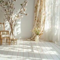 Sunlight streams through sheer curtains onto a blossoming branch and whitewashed room-standard v2-4x
