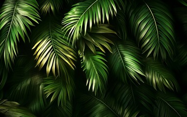 Lush green palm leaves with sunlight shadows and rich natural textures providing a vibrant and exotic botanical background for interior design and tropical inspired art