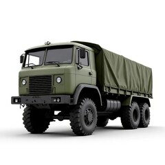 Obraz premium Olive Green Six Wheel Drive Military Truck with Tarp on White Background