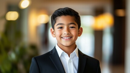 handsome portrait of a male kid wearing an exquisite black suit and white shirt, with a confident smile with a light blurred office lobby background