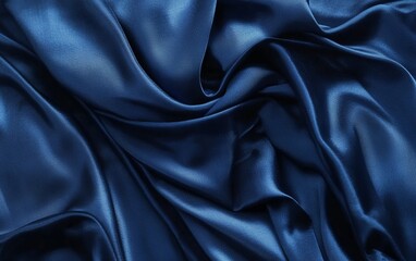 Obraz premium Luxurious deep blue satin fabric with smooth flowing drapes and elegant glossy surface perfect for fashion and interior decor applications