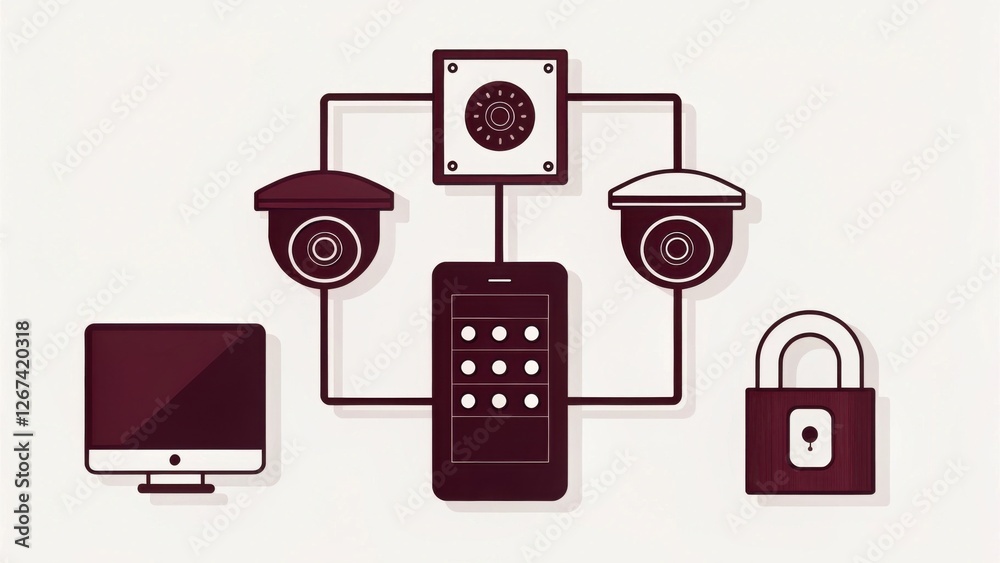 Aufkleber a digital illustration showing a security system with cameras, a control panel, a computer, and a pa