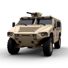 Obraz premium Tan Armored Vehicle with Mounted Gun on White Background in a Studio Shot