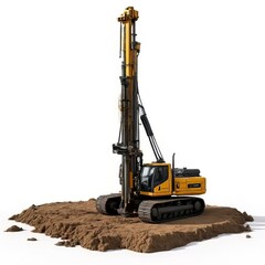Yellow Crawler Drilling Rig on Brown Soil in Construction Site Against White Backdrop