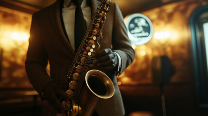 Jazz musician in a dimly lit lounge, standing near a classic saxophone and vintage microphone,