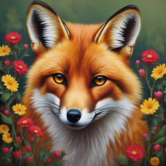Obraz premium Fox portrait with flowers 