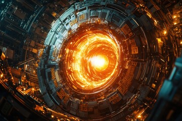 Fototapeta premium Futuristic glowing portal with complex metallic structures and bright light, evoking science fiction and technological innovation, abstract and intriguing design.