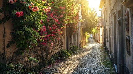 Obraz premium Charming sunlit cobblestone alley lined with colorful flowers, rustic shutters, and warm golden light creating a serene and picturesque atmosphere.